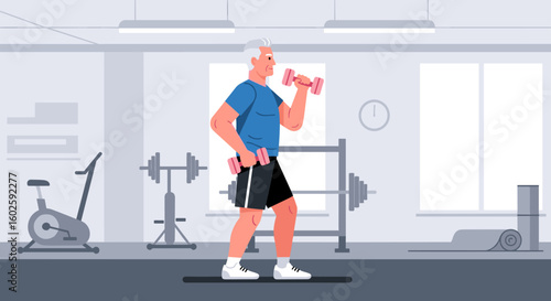 Senior man exercising with dumbbells in the gym. Active lifestyle, fitness, and healthy aging concep