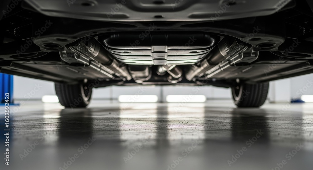 Close-up of car undercarriage with exposed exhaust system in garage Close-up of car undercarriage with exposed exhaust system in garage