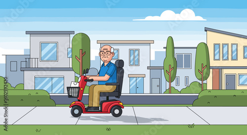 Elderly man riding electric scooter on sidewalk in suburban neighborhood illustration