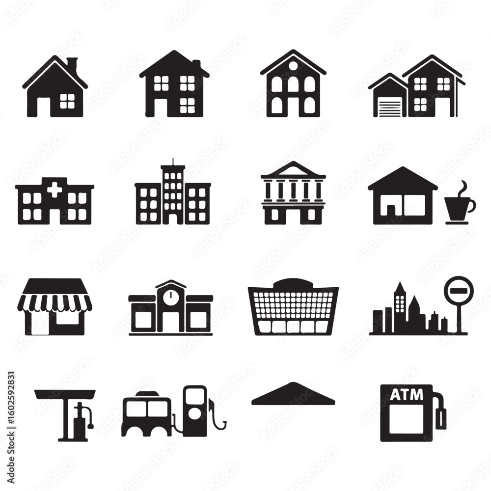 Fototapeta premium Vector Icons Depicting Various Buildings, Facilities and Services, House, Hospital, School, Store, Restaurant, Bank, Cityscape and Gas Station