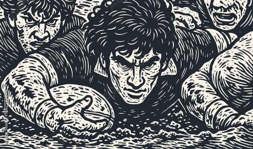 Dynamic scene of rugby players in a powerful scrum. A vector illustration in a classic vintage woodcut or linocut print style with intense action.