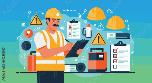 Construction Safety Inspector with Checklist Illustration