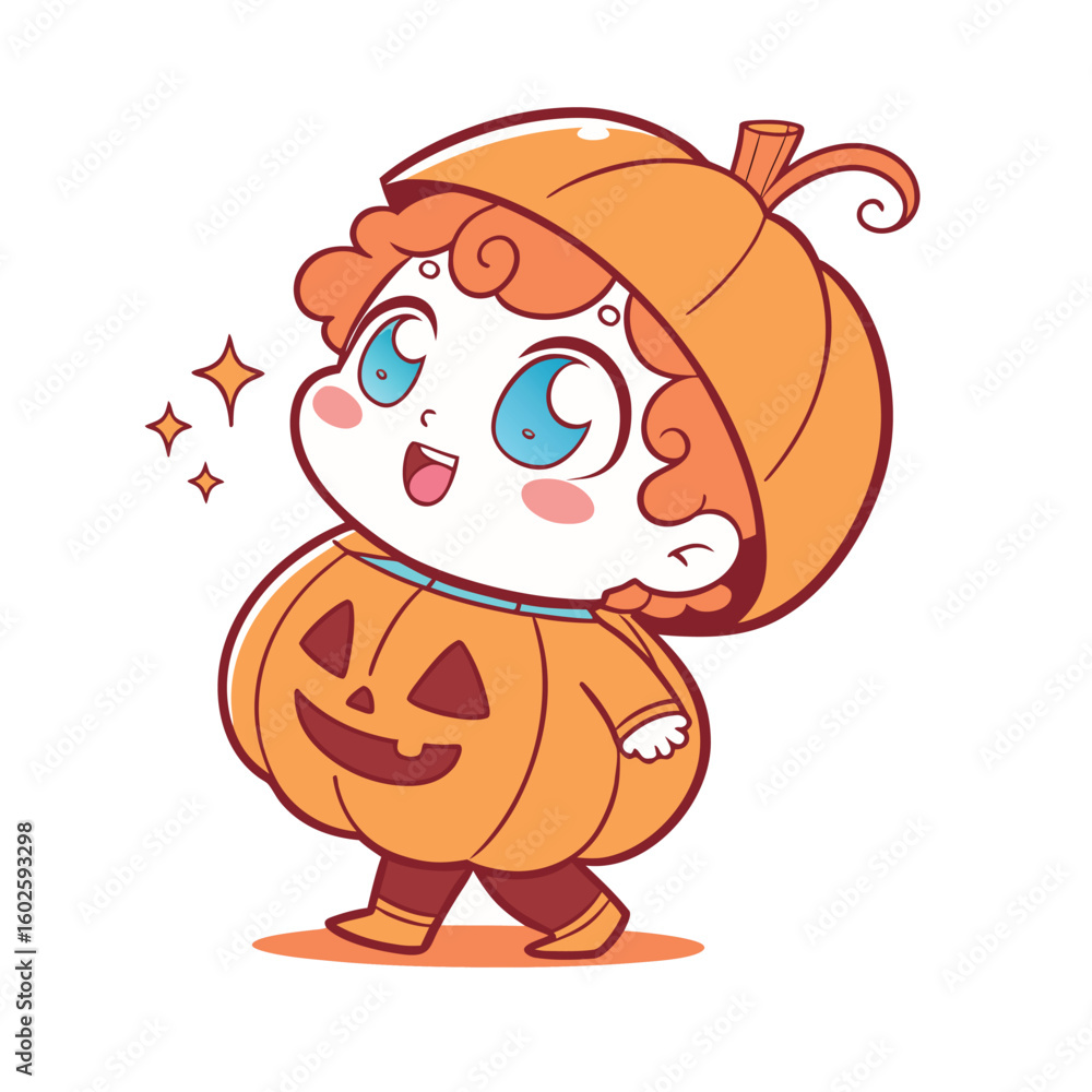 Fototapeta premium A cute cartoon child dressed in a pumpkin costume with stars around it