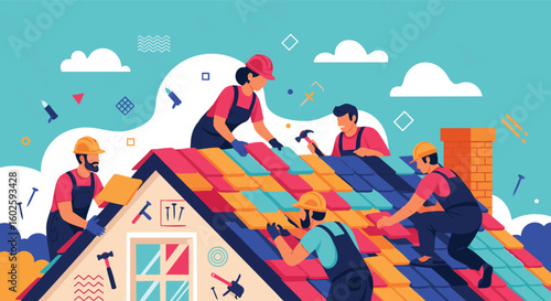 Construction Team Installing Colorful Roof Tiles