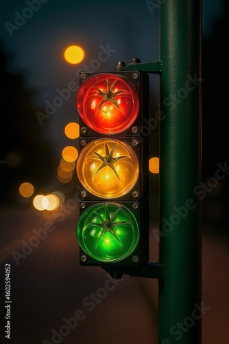 A realistic 3D illustration of a creative traffic light with glowing glass tomatoes instead of standard lights — red, yellow, and green. Evening scene with bokeh effect highlights the vivid, original 