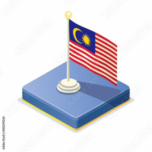 Isometric illustration of the Malaysian flag waving proudly on a pedestal against a clean white background