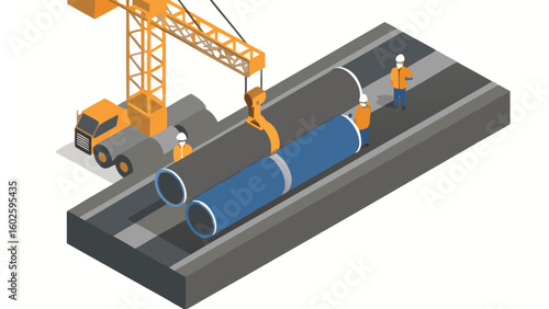 Isometric view of a construction site with crane lifting pipes and workers overseeing the operation