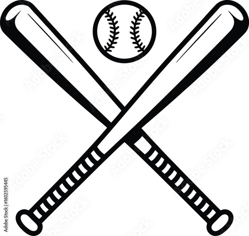 Two black baseball bats are crossed with a baseball above on transparent backdrop