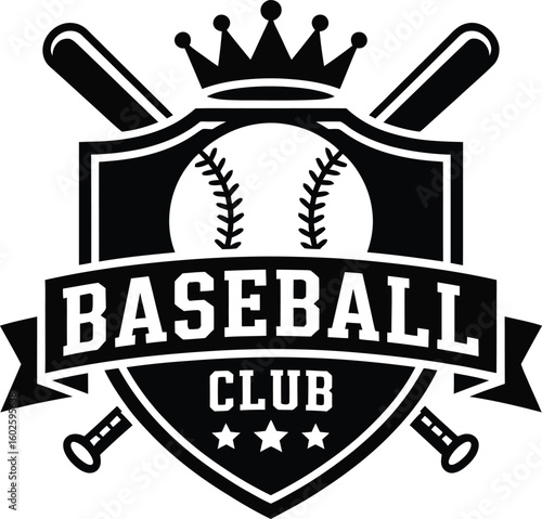 Black baseball club logo shows shield, crossed bats, crown and three stars