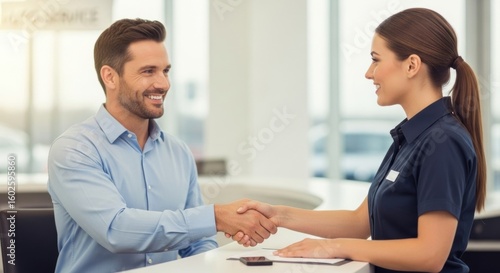 Wallpaper Mural Young caucasian male and female shaking hands in business setting Torontodigital.ca