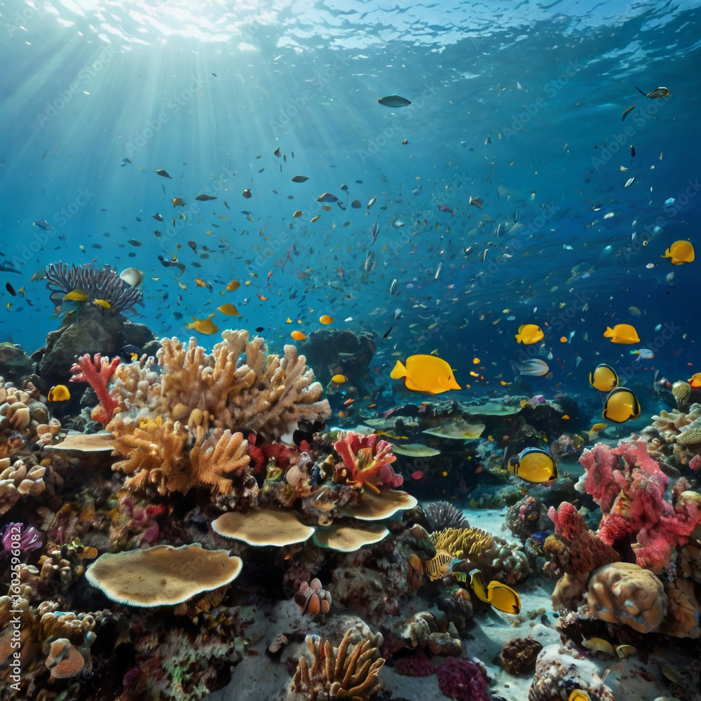 Fototapeta premium Vibrant coral reef teeming with yellow fish and sunbeams underwater sunlight
