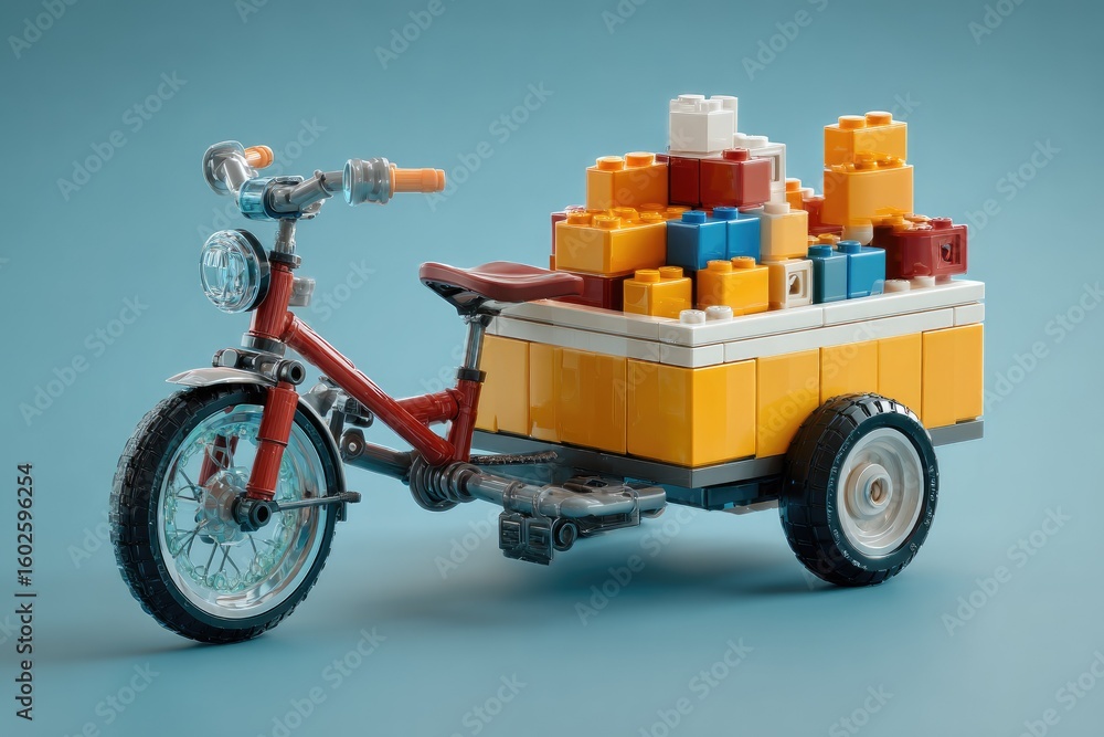 Fototapeta premium Red tricycle with a yellow cargo trailer loaded with colorful bricks