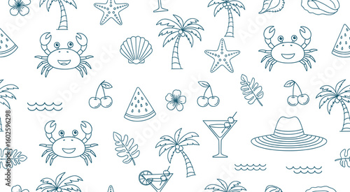 Summer vacation seamless pattern. Sketch drawing. Coastal sea simple print