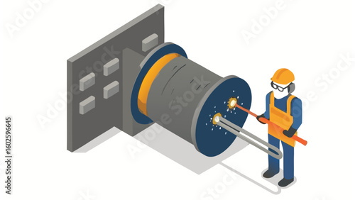 Isometric illustration of a worker inspecting a large industrial spool attached to a gray wall fixture