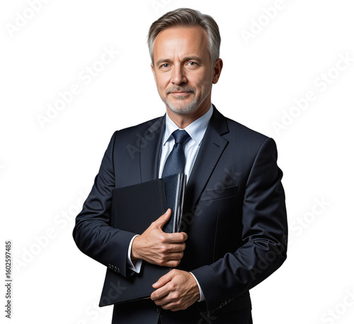 Mature businessman in a suit holding a folder, isolated on transparent background. Ideal for corporate, legal, financial, or professional service-related visual projects.