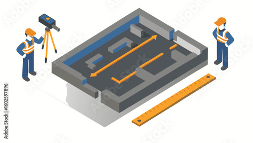 Isometric view of construction workers with level and ruler on a building floor plan layout design