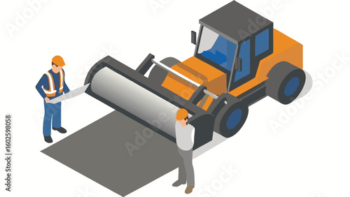 Isometric view of two construction workers with road roller on a newly paved asphalt surface area scene