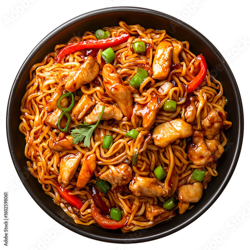 top view of chinese food Chow Mein isolated on a white transparent background