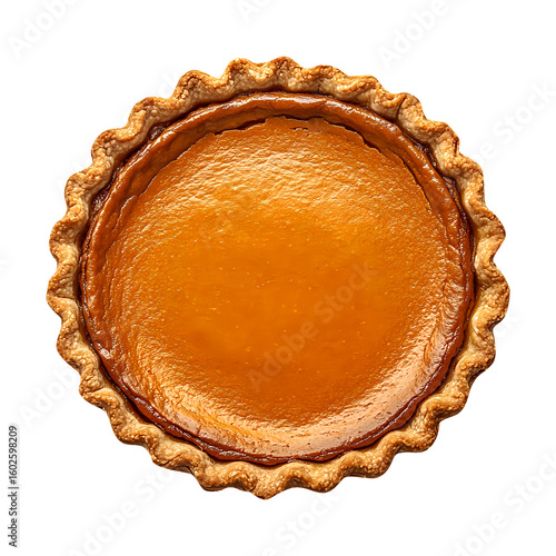 Top view of delicious thanksgiving pumpkin pie, isolated on fully transparent png background