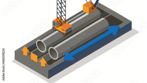 Isometric view of construction site with pipes crane and arrows indicating movement and direction