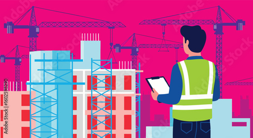 Construction Supervisor Inspecting Site with Cranes