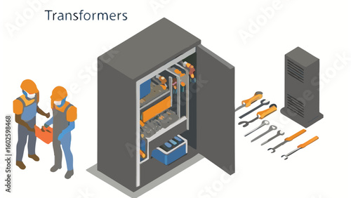 Two workers with tools near an open electrical panel and a separate server cabinet isometric view