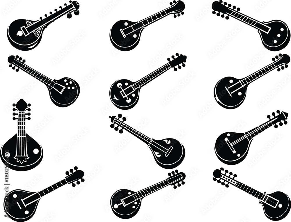 Fototapeta premium Collection of Stringed Instruments Vector Illustration Different Styles of Musical Instruments in Black and White