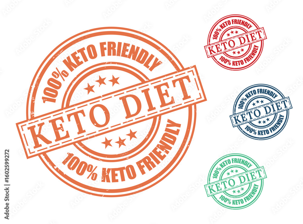 Obraz premium 100% Keto Friendly Certified Stamp Vector Set, Grunge Rubber Labels for Keto Food