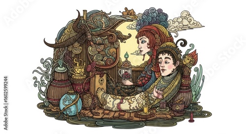 Two figures relax near ornate structure detailed illustration