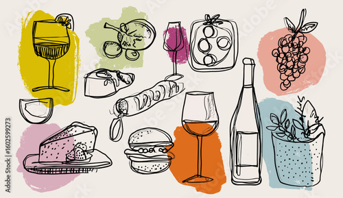 Set of hand drawn line art food and wine icons, italian cuisine vector illustration design element for decoration or print on shirt t-shirt Vector Illustration on white background.