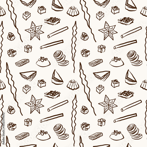 Georgian sweets seamless pattern. Repeating background with national desserts from Georgia, churchkhela, gozinaki, pelamushi, baklava, kada. Design for wrapping, paper, textile. Vector illustration