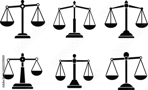 Set of Balance Scales in Black and White Representing Justice Law and Legal Concepts on a White Background