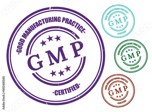Good Manufacturing Practice (GMP) Badge Set, Rubber Stamp Vector Design  