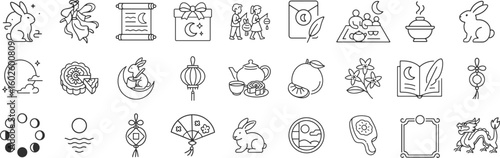 Autumn Festival icon set featuring mooncakes, lanterns, full moon, Jade Rabbit in traditional linear style. Celebratory symbols for family gatherings and seasonal rituals, vector illustration.