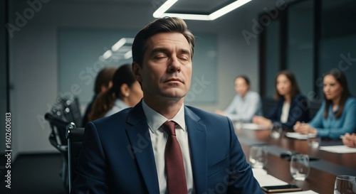 Office Worker Zoning Out During a Team Meeting, Eyes Glazed Over as Others Talk Around Him