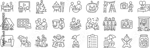Family tradition and holiday activity icon set including seasonal decor, celebrations, outdoor fun and cozy home rituals. Features pumpkin carving, movie night, gratitude jar, vector illustration.