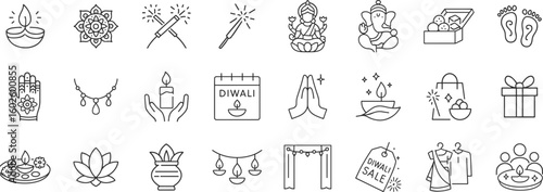 Diwali celebration icon set featuring diya lamps, Ganesh, rangoli, sweets, and traditional rituals. Indian holiday including puja, gifts, firecrackers and family gatherings, vector illustration.