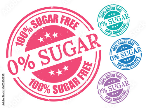 100% Sugar Free Stamp Vector Collection, Grunge Style Zero Sugar Labels  