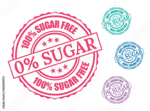 100% Sugar Free Seal Bundle, Grunge Style Vector Labels for Diet Packaging  