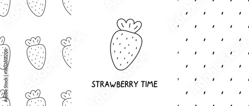 Black and white doodle strawberry seamless pattern. Set doodles posters with strawberry. Cute vector illustration