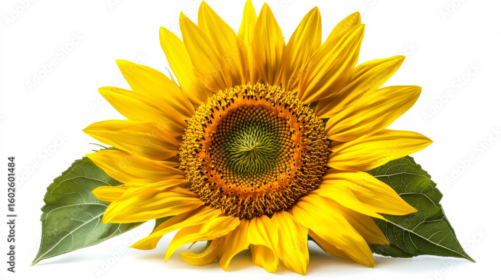 Fototapeta premium Bright sunflower showcasing vibrant yellow petals and contrasting green leaves, perfect for summer gardens and floral arrangements