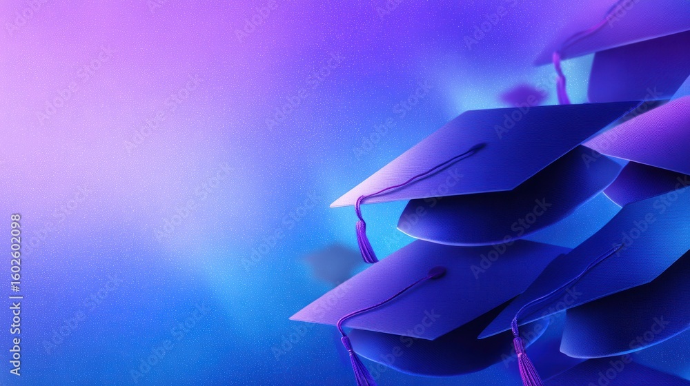 Obraz premium Colorful graduation caps stacked against a vibrant background, symbolizing academic achievement