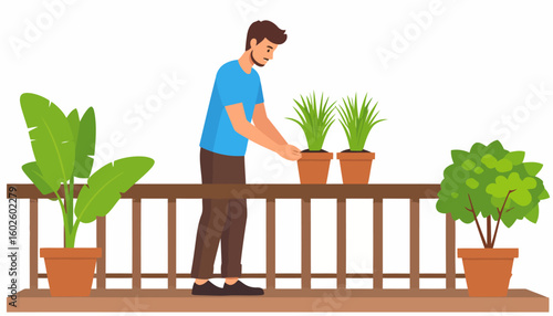 Young bearded man in a blue shirt arranging potted plants on a wooden balcony railing.