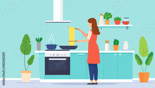 Woman with brown hair in a red apron cooking noodles with chopsticks. Flat vector illustration of a person preparing a meal.