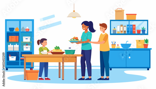 Happy family with mother, father, and daughter preparing a healthy meal together in a colorful kitchen illustration.