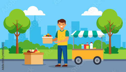 Smiling male vendor holding a box of fresh fruit next to his market stall and drink cart.