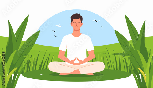 Calm young man with brown hair meditating in a cross-legged lotus pose, wearing a white t-shirt and pants.
