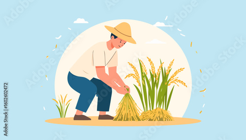 A male farmer in a traditional hat diligently harvesting golden rice stalks by hand.