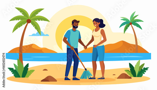 Happy couple of volunteers holding hands and cleaning together with a blue rake.