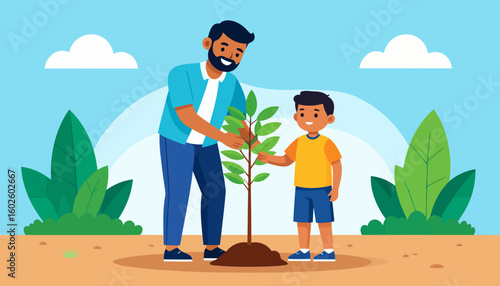 A smiling bearded father and his young son carefully planting a green sapling together. Flat illustration style.